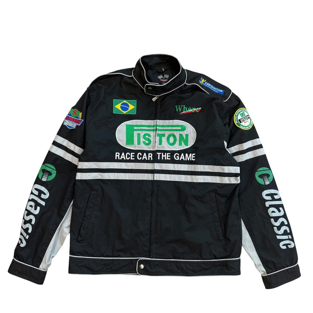 Race Car The Game Piston Racing Jacket Mens XXL Black Green Brazil Patch Zip Up